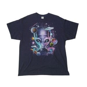 Gildan Purple Blue Unisex Crew Neck Space Alien Graphic Print T-Shirt Adult XL